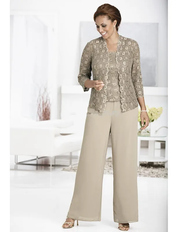 Fabulous Gray Lace chiffon pants suit For wedding women evening Mother Formal Bridal Pants vestido de madrinha Lace Jacket Custom