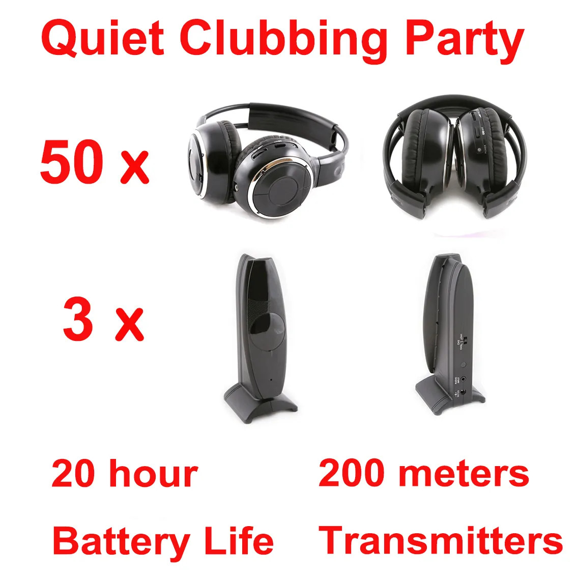 Wireless Silent Disco 50 fällbara hörlurar 3 sändare 200m distanskontroll- RF trådlöst headset för iPod mp3 DJ-musik