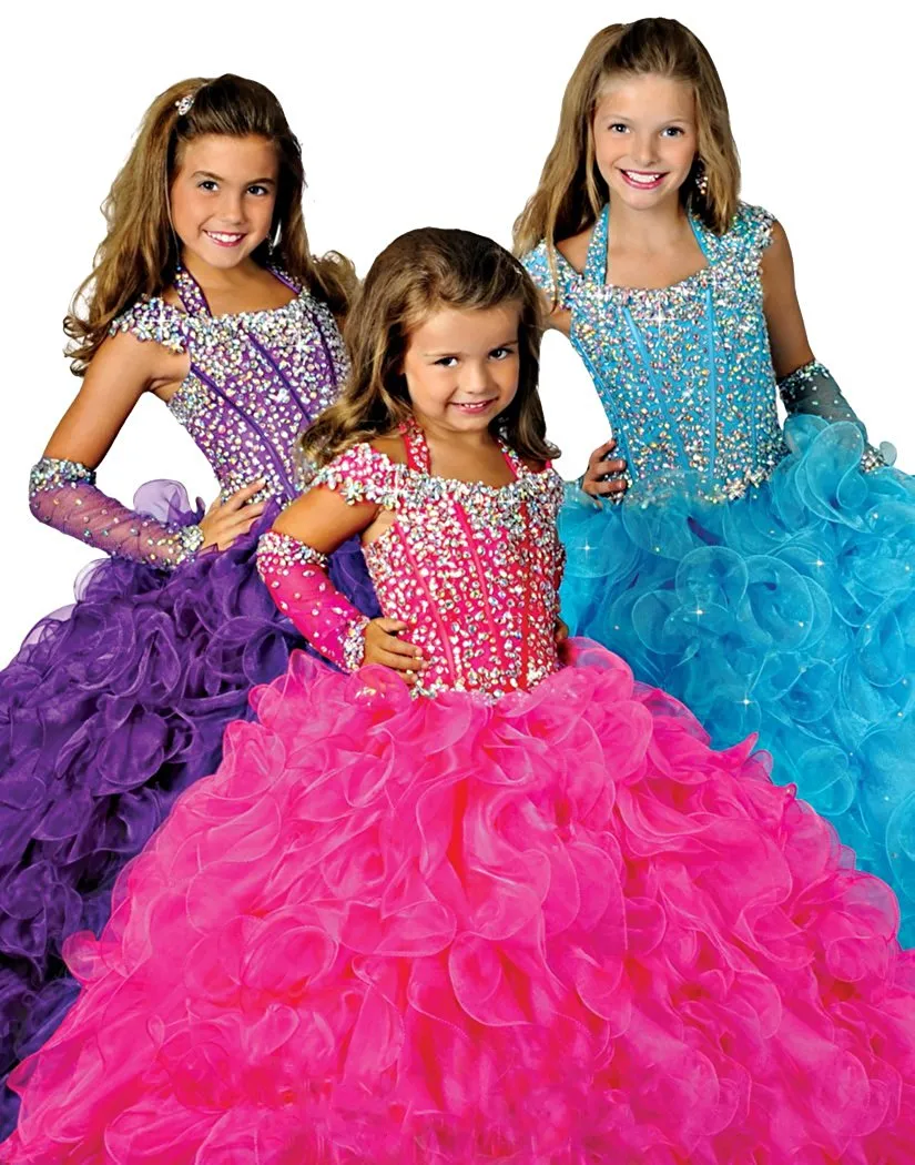 Ritzee Girls 6679 Beads Halter Girls Pageant Dresses Little Girl Ball Gown Big Kids Full Length Cap Sleeve Custom Made Girls Party Gowns