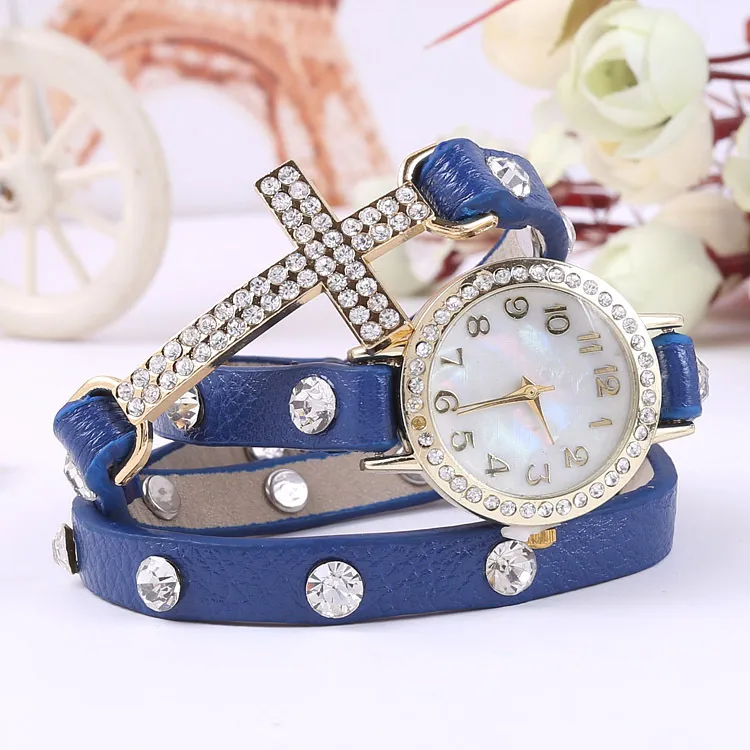 free shippng 2015 New women vintage drill bracelet women watches with cross,fashion leather strap quartz watches,women dress watches