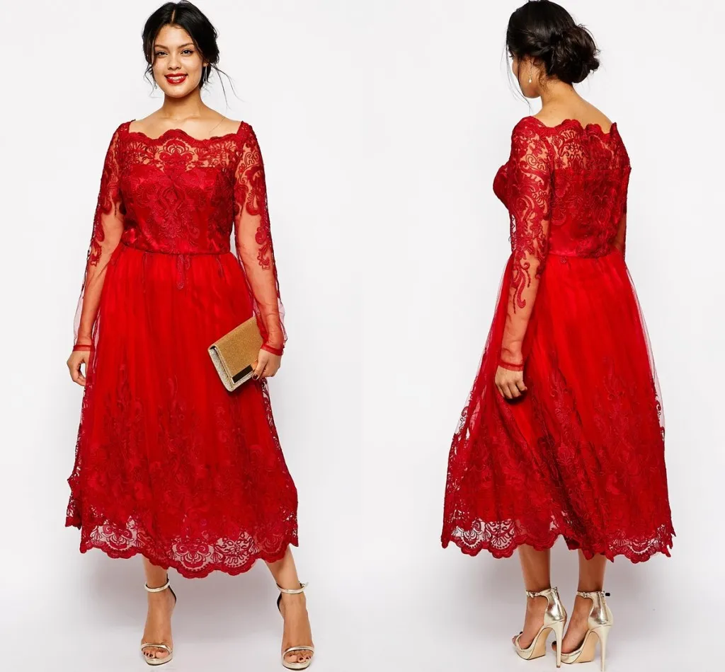 Plus Size Red Lace Sheer Bateau Tea Length Formal Dresses with Long Sleeves and Tea Length A-Line Skirt for of The Bride
