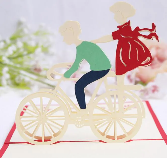 10pcs Lovers Bicycle Handmade Kirigami Origami 3D Pop UP Greeting Cards Invitation Postcard For Birthday Wedding Party Gift