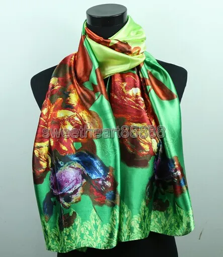 1 sztuk Czerwona Fioletowa Róża Rose Zielone Szaliki Damska Moda Satyna Malarstwo Olejowe Długa Wrap Szal Beach Silk Scarf 160x50 CM