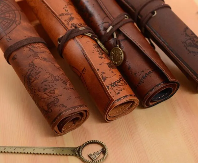 Vintage Retro Treasure Map Pencil Cases Luxury Roll Leather PU Pen Bag Pouch For Stationery School Supplies Make Up Cosmetic Bag G1229