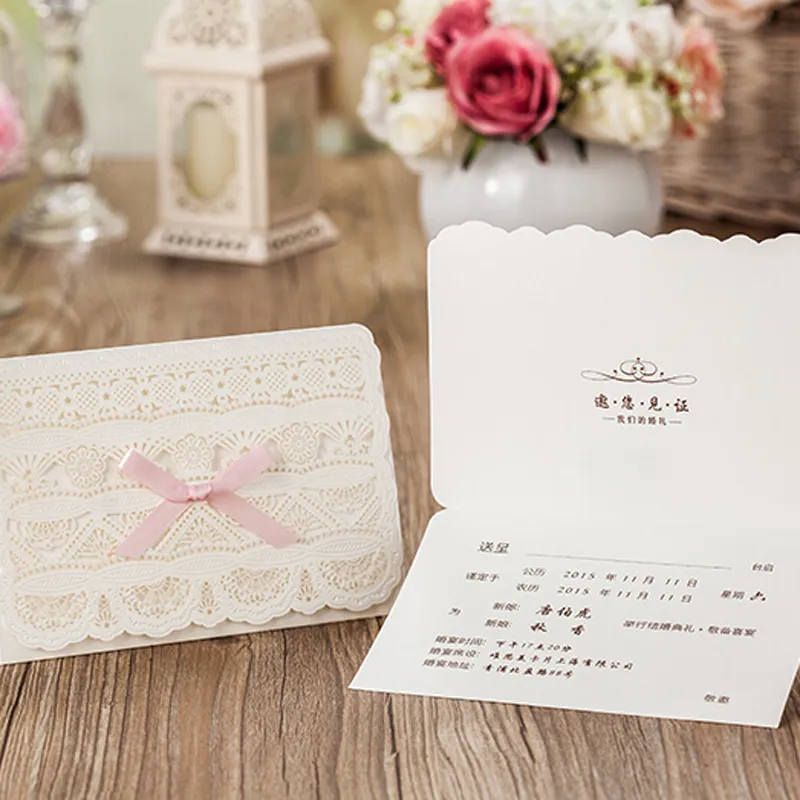 Laser Cut Flower Bowtie Style Invitation Card Lovely Customized Pink Color Wedding Invitations Free Printing Including Envelops