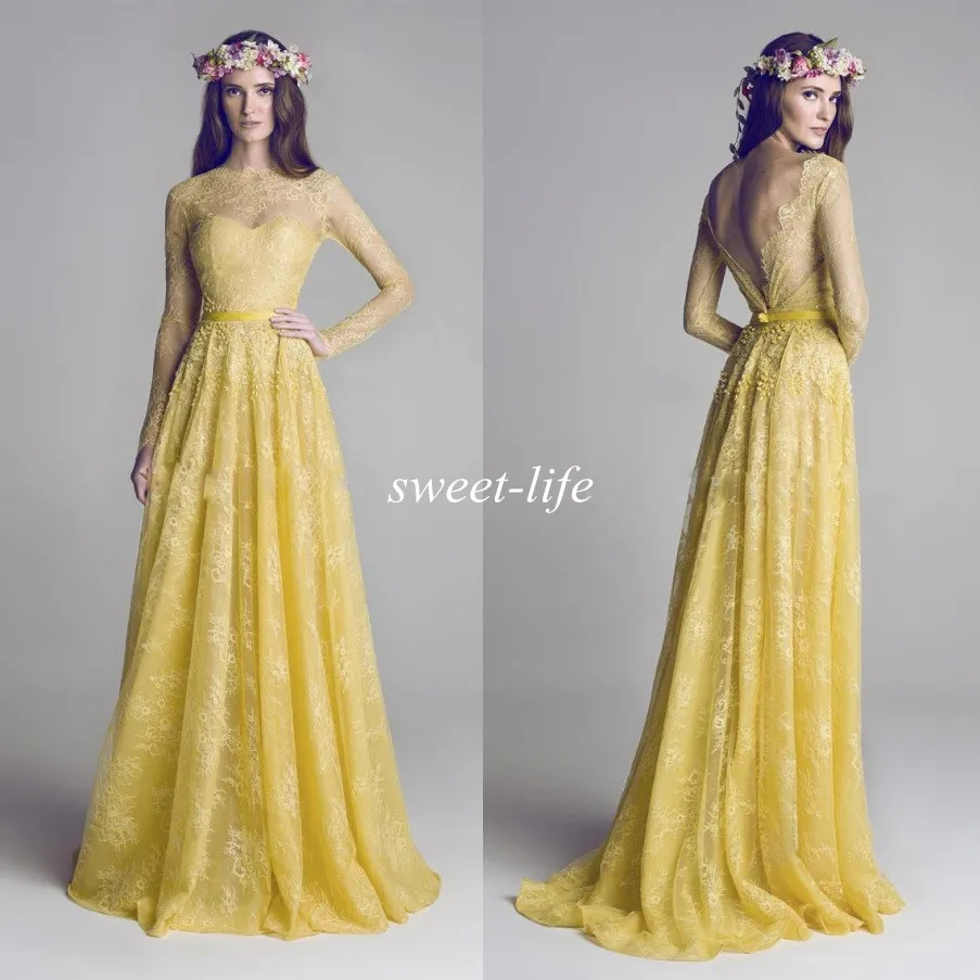 Hamda Al Fahim 2022 Evening Gown with Long Sleeve Sheer Bateau Neck Backless A-Line Yellow Lace Formal Gowns Long Bridesmaid Prom 199u