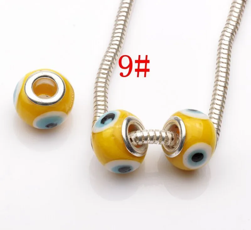 14mm 사악한 눈 Murano Lampwork 색상 유약 5mm 큰 구멍 유리 구슬 Fit Charm Bracelet Diy Jewelry 3406374