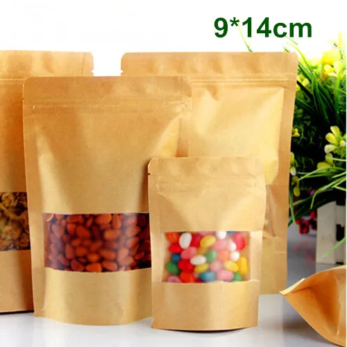 9x14cm (3.5 * 5.5 ") sac d'emballage en papier Kraft lisse avec fenêtre transparente mate fermeture à glissière sac d'emballage de stockage des aliments Stand Up Pouch Doypack