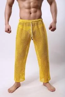 Wholesale-Sexy Mens Pants Sleepwear 빅 메쉬 라운지를 보자 Pajama Bottoms 느슨한 바지 Low Rise Couples 게이 Male Fetish Sex Wear