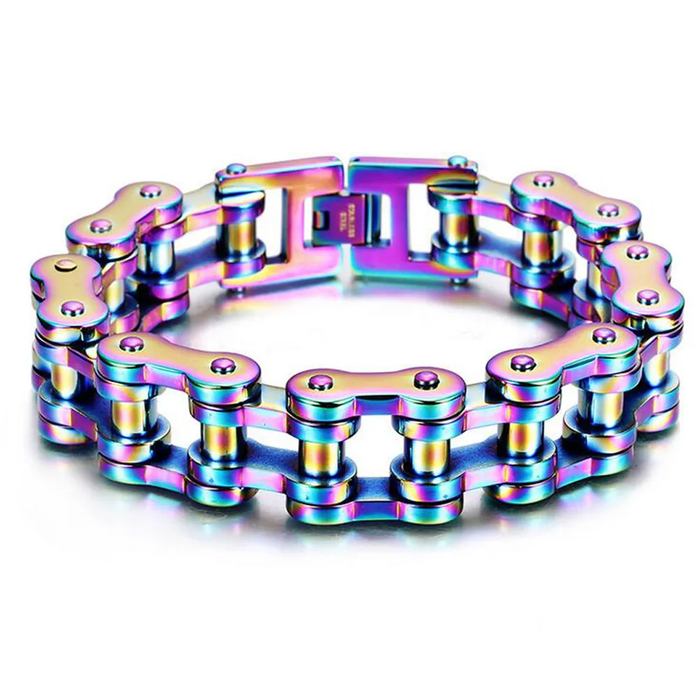 Mężczyźni Kobiety motocyklowe motocyklowe łańcuch motocyklowy Bracelets 18 mm punk rockowy Hiphop Rainbow Blue Titanium Bransoletka Bransoletka Bransoleta Bolek 316L Biżuteria rowerowa ze stali nierdzewnej