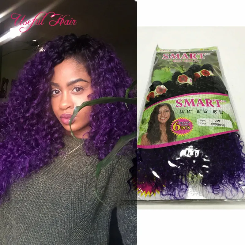 Ombre Purple SEW in Hair Extensions Haak Vlechten Haar Weeft Kerstmis 6 stks / partij Ombre Kleur Synthetisch Haar Wefts Jerry Curl voor Vrouwen