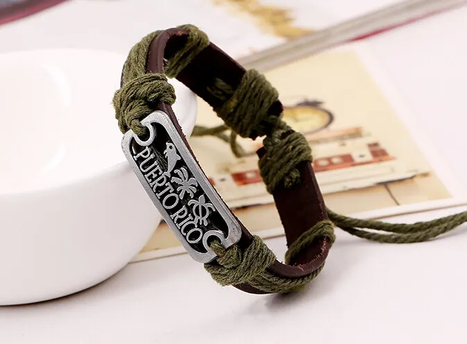 2015 latest version punk style 100% genuine leather bracelet handmade man woman PUERTO RICO rope adjustable bracelet 