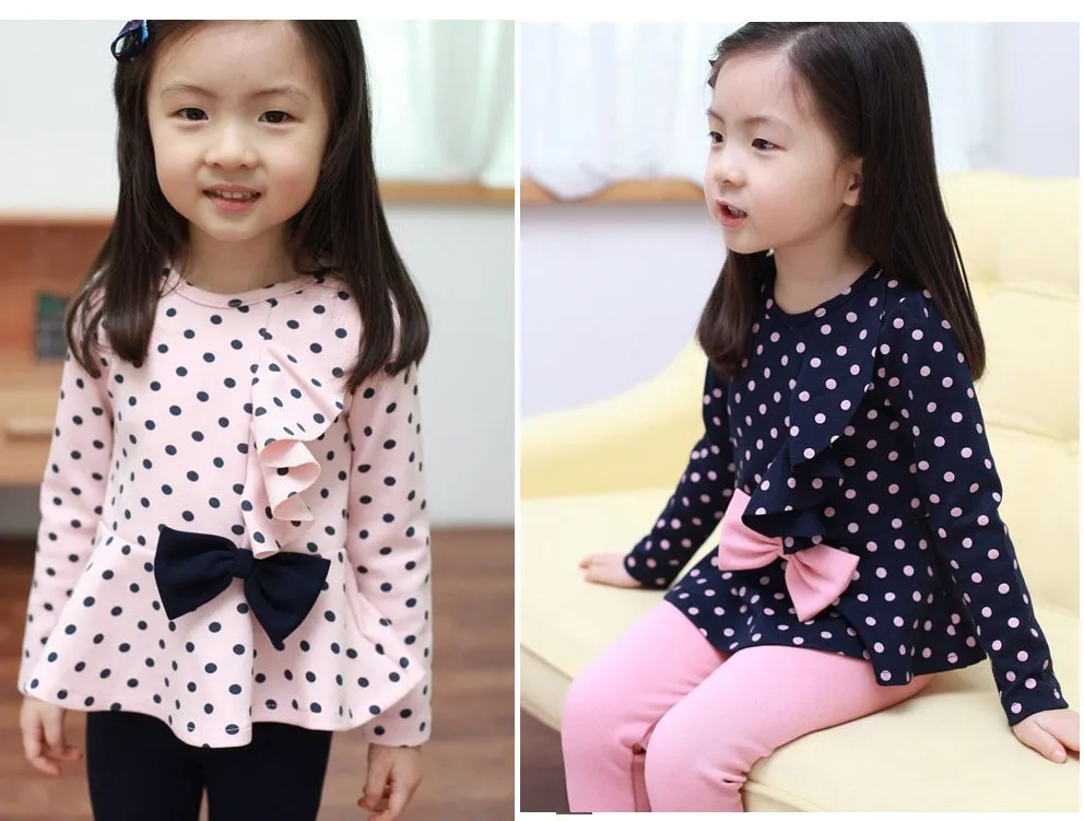 Bebek Kız Bahar Kıyafetler Polka Dots Uzun Kollu T-Shirt Yay + Pantolon Ile 2 adet Çocuk Setleri Çocuklar Güzel Sevimli Kıyafet C-5 Suits