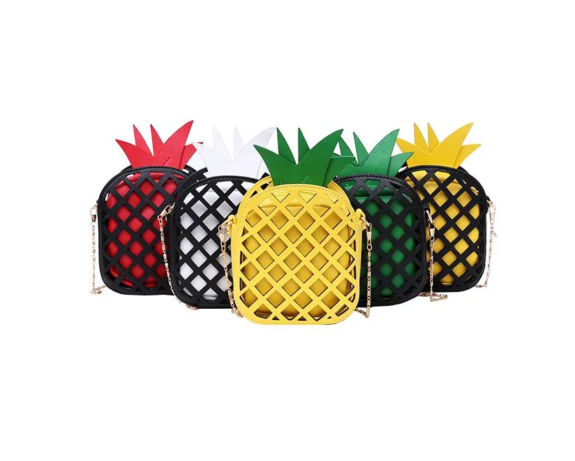 Läder söt handväska för tjejer härlig ananas tjej messenger väska med kedja ihåliga ut mini flickor frukt handväskor handväska