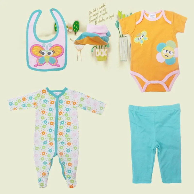 2016 Kleinkinder Baby Baumwolle Bodys Strampler Jungen Mädchen Bodys + Hose + Hut + Socken = Lätzchen 5er Set Baumwolle Babys Kleidung 8 Farben #3867