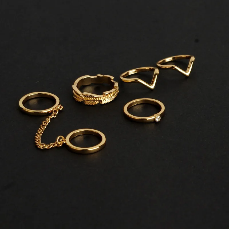 2017 Nuovi gioielli di moda in oro e argento con foglie di diamanti a forma di V anello congiunto con catena 6 pezzi / set di anelli per le dita