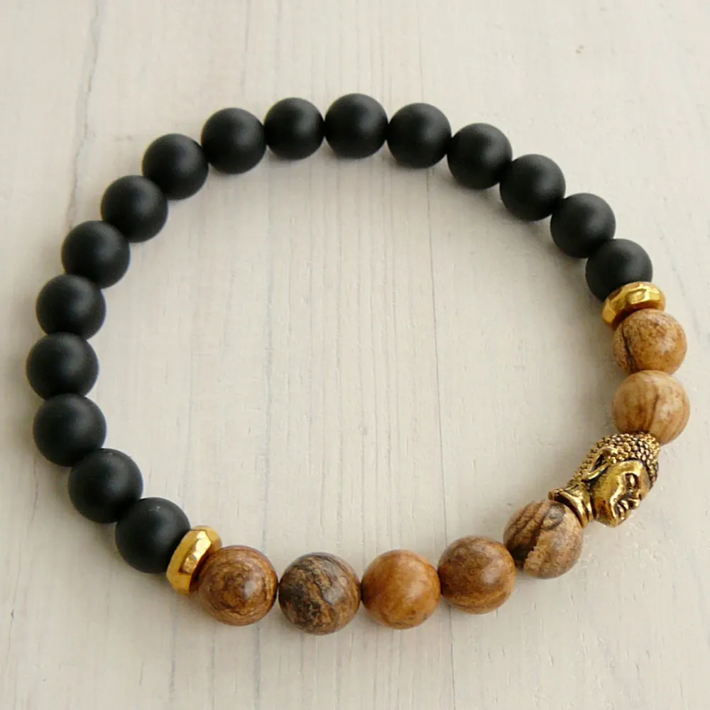 SN0243 Lucky Gold Buddha Armband Yoga Jasper Black Onyx Armband Mens Black Armband Stretch Armband voor Mannen