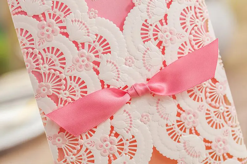 Mais novo estilo flor cartão de convite de casamento casamento rosa retângulo convites com bowknot decorações de festa personalizado made2860539