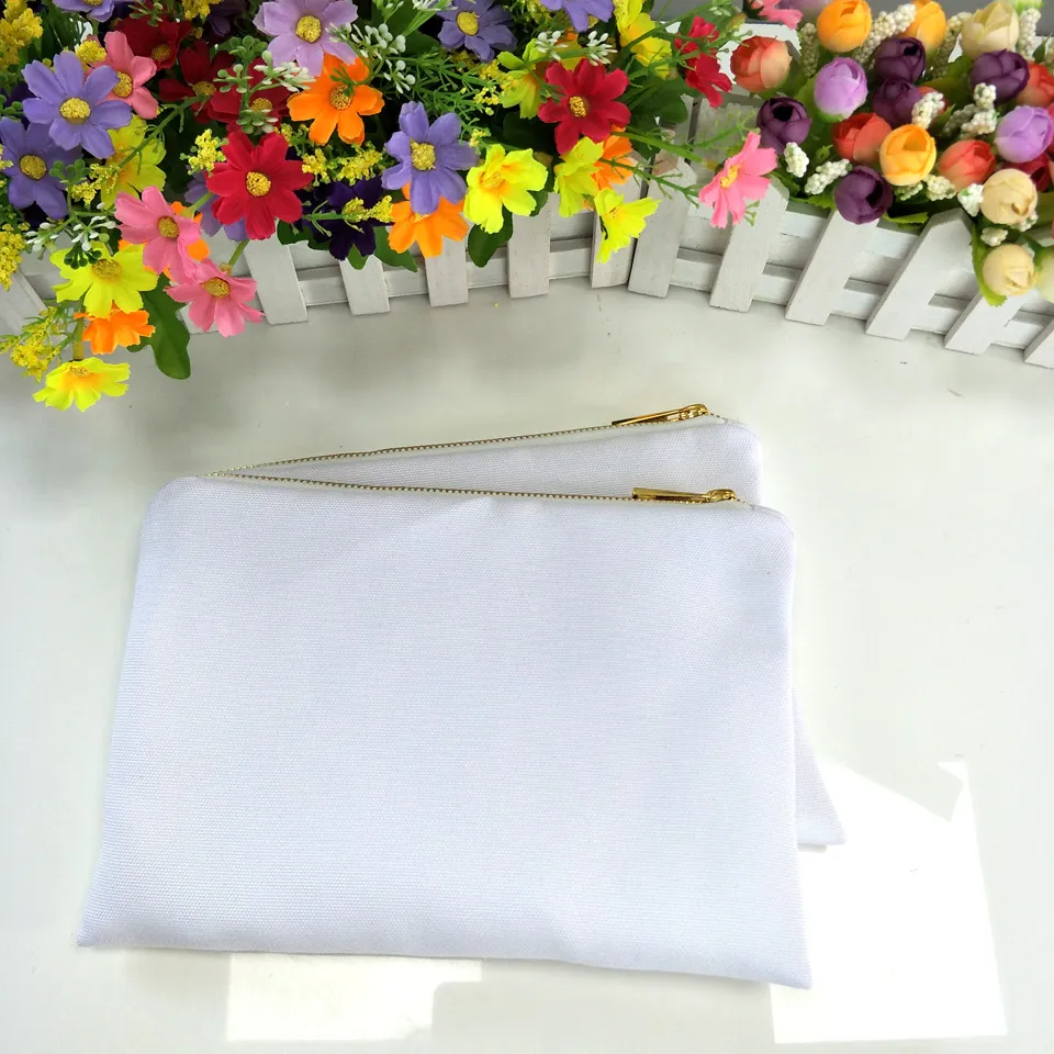 12oz white poly canvas makeup bag for sublimation print with lining white-gold zip blank cosmetic pouch heat transfer254w