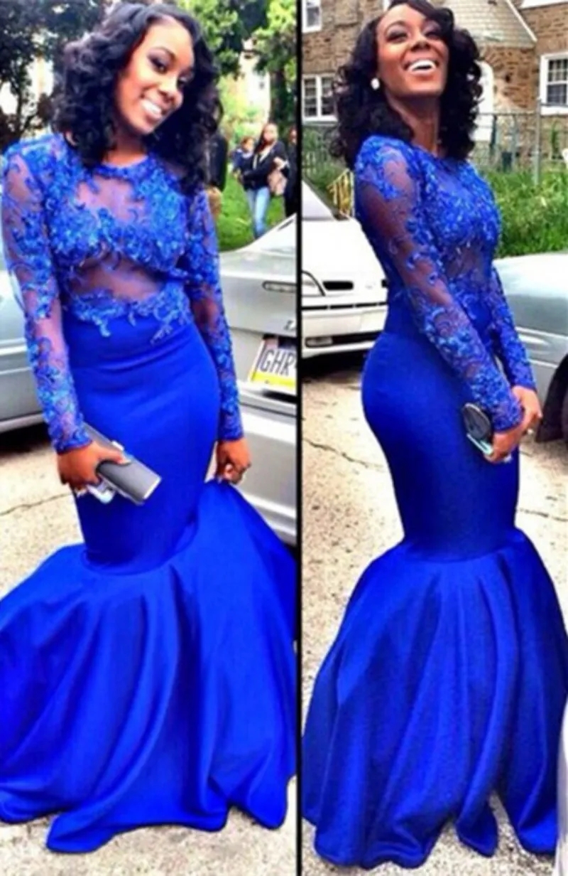 Royal Blue Evening Dresses Nigerian Jewel Lace Appliques Mermaid Prom Gowns Sheer Long Sleeves Sweep Train Special Occasion Dress