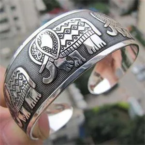 Partihandel-2016 Vintage Tibetansk Tibet Elefant Silverpläterade Armband Charmig Elegant Round Metal Manschett Bangles Kvinnor Smycken Gåvor 1 st