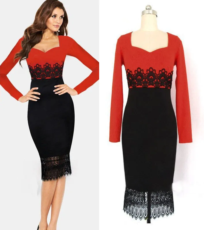 New Red Black Casual Dress Women Tunic Bodycon OL Lace Patchwork Ladies ...