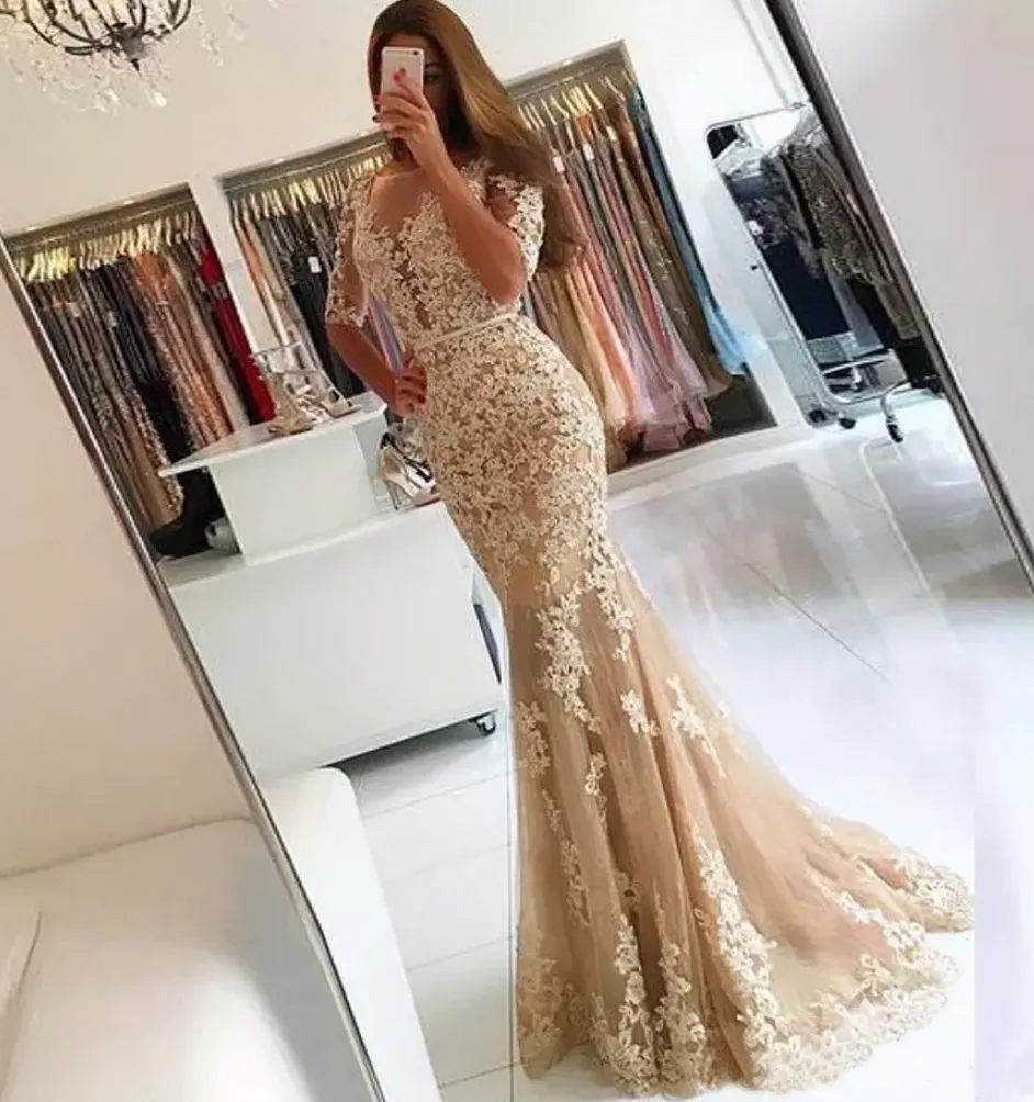 New Listing Elegant Champagne Mermaid Prom Dresses Sexy Tulle Backless Illusion Sleeves Evening Dress Long Formal Gowns