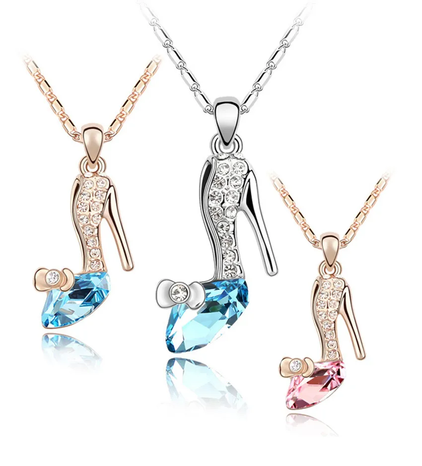 New Pendant Necklaces Austrian Crystal Cinderella Crystal Shoes Pendants 925 Stering Silver 18k Gold Plated Chains Fashion Jewelry 