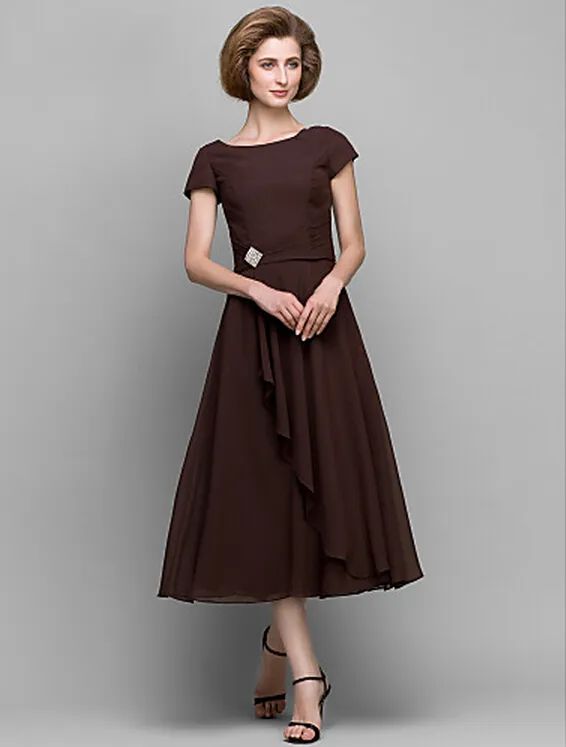 A-line Mother of the Bride Dress Chocolate Tea-length Short Sleeve Chiffon Mother's Dresses