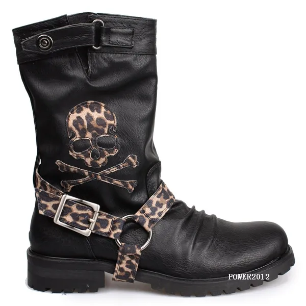 Fashion Casual Male High Geniune Boots Black Leopard Buckle Skull Wrstern Boots Man Round Toe Shoes Motorcycle Boots Men Kroean