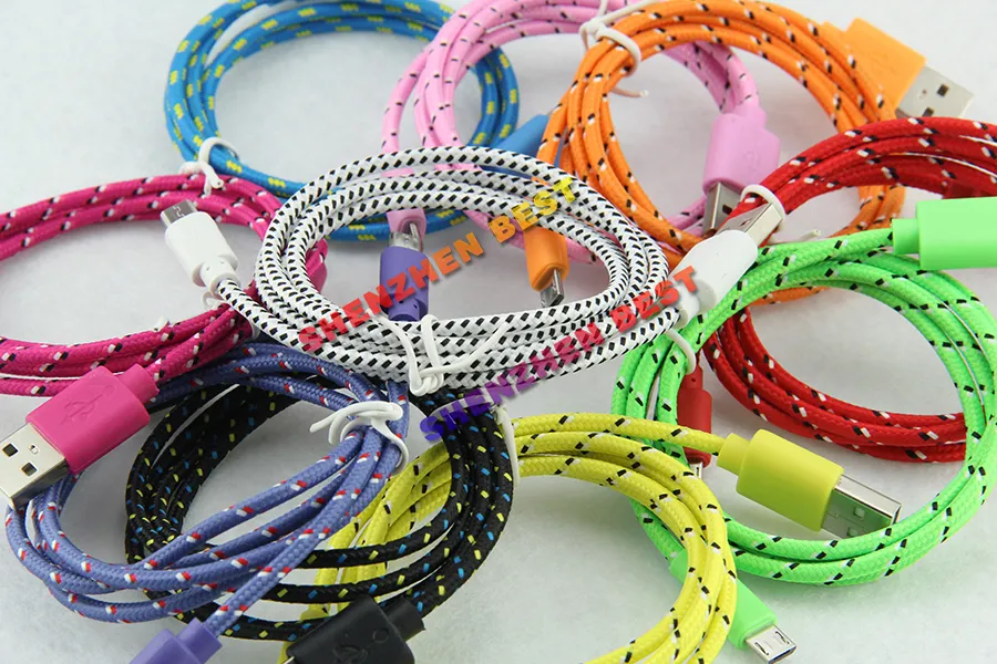 !! Colorful New 1M Fabric Nylon Braided Micro USB Cable for Samsung For Blackberry for HTC Cloth braided cable 