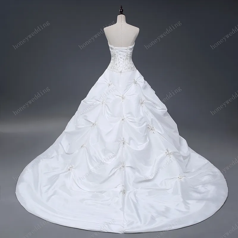 Wunderschöne Ballkleid-Brautkleider, günstig, trägerlos, mit Stickerei, Rüschen, Pailletten, Schnürung, Brautkleider unter 100, echte Probe 230S