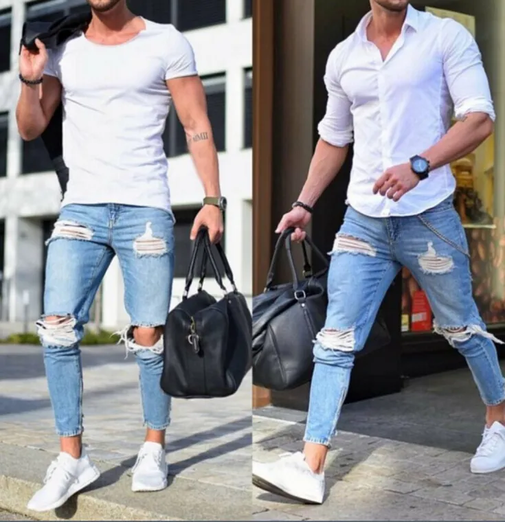 Erkek Kot Sıska Açık Mavi Delikler Ripped Kalem Pantolon Erkek Slim Fit Uzun Pantolon