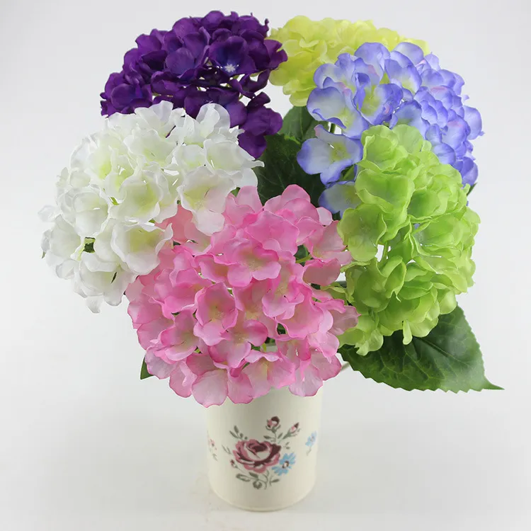 Europäischer pastoraler Stil, weißer künstlicher Seidenblumen-Stoff, Hortensien-Blumenstrauß für Hochzeits-Party-Dekorationen, 6 Farben