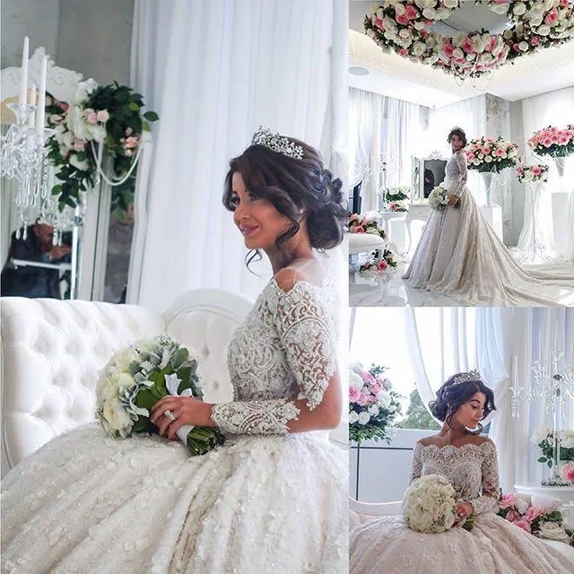 Bollklänning 2015 Lace Bröllopsklänningar Ruffles Beaded Appliques Beading Långärmad Bröllopsklänning Puffy Handgjorda Lyxiga Vintage Bridal Gowns