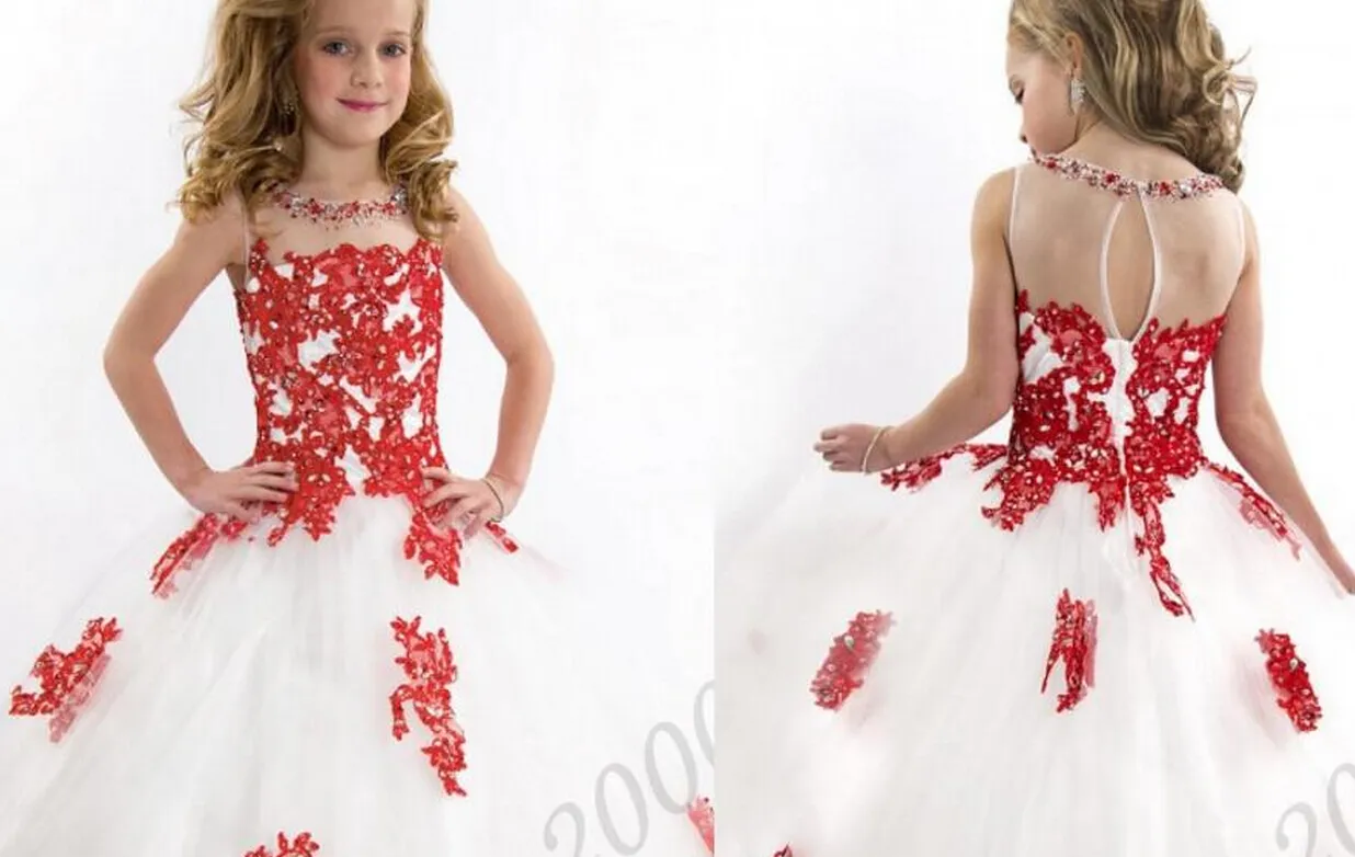 Ny ankomst spets toddler spaghetti vit och röd tulle pärlstav med handgjorda pageant klänningar för tjejer gratis frakt