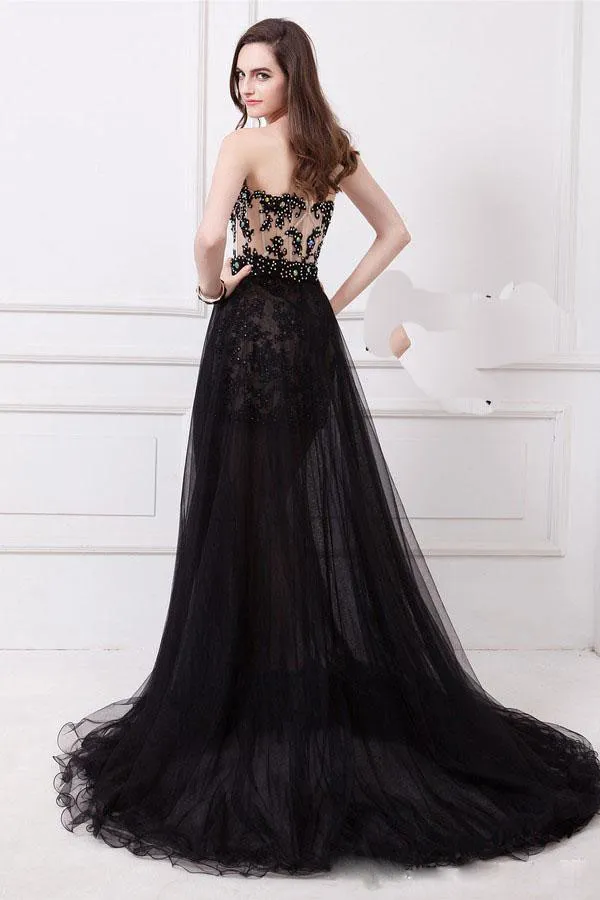 Detachable Skirt Two Piece Black Prom Dresses Sweetheart Sheath See Through Champagne Sequins Side Slit Party Formal Dresses Eveni2965954