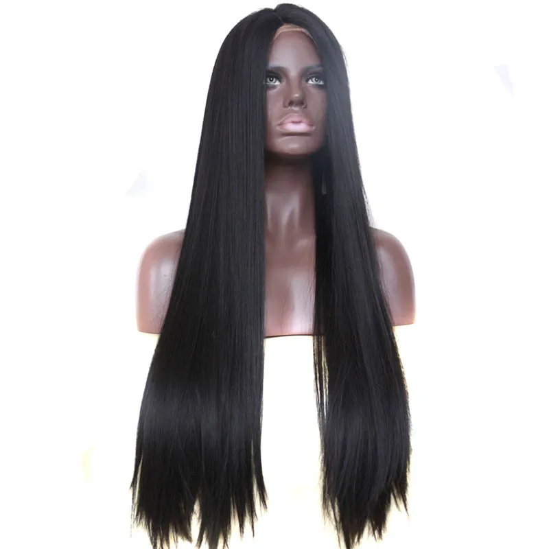 Lång naturlig ser silkeslen rak hår värmebeständig japan fiber svart färg hår gluvlös semi mjuk syntetisk spets fram peruk svart kvinnor