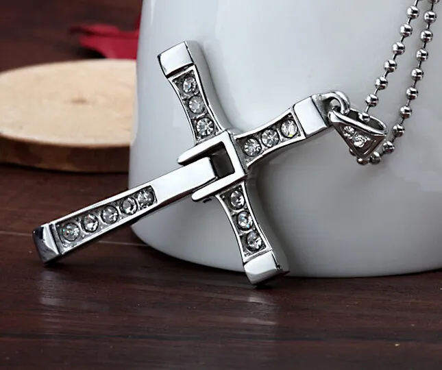 New Design Charming Style 316L Stainless Steel Silver Zircon Cross Pendant Necklace Unisex Men Fast & Furious So Cool Classical