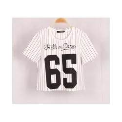 free shipping 2015 new arrival brand t shirt women harajuku striped printed crop top white black casual baseball tee