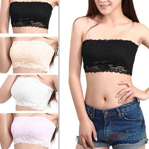 Women's Sexy Lace Casual Crop Boob Tube Top Bandeau Bra Strapless Seamless  Solid Black White Pink Nude 02VA