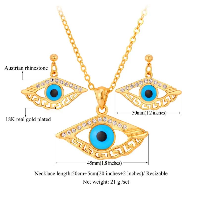 Neues Design Vintage Blue Evil Eyes 18K vergoldete Halskette, baumelnde Ohrringe, Strass-Schmuck-Sets8136550