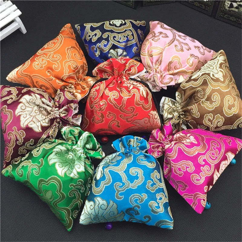 Classic Floral Large Jewelry Gift Bags Cloth Art Chinese Silk Drawstring Packaging Bead Necklace Bracelet Trinket Storage Pouch