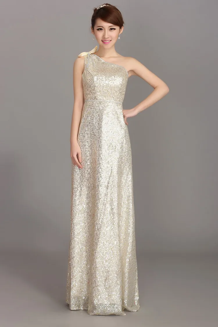 Champagne Sequined Shiny Homecoming Dresses One Shoulder Floor Length ...