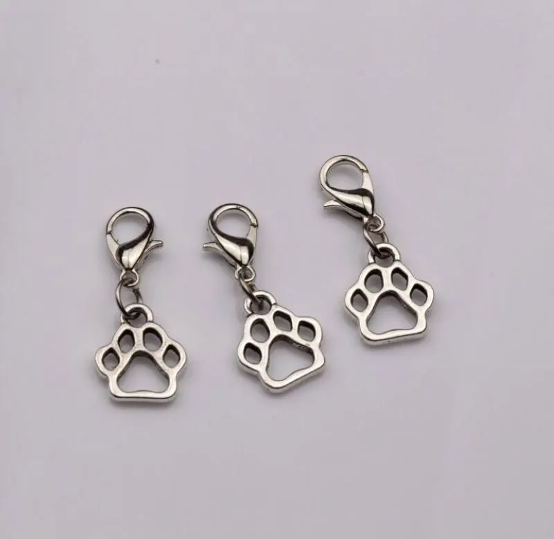 100st Hollow Dog Paw Floating Lobster Clasps Charmhängen smycken som gör DIY handgjorda hantverk 11x27mm antik silver