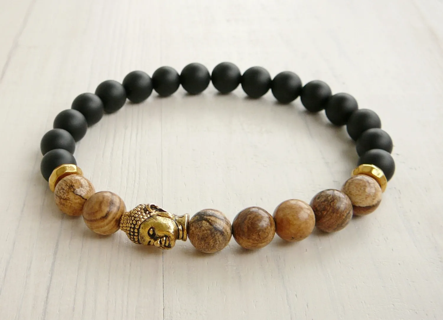 SN0243 Lucky Gold Buddha Bracelet Yoga Jasper Black Onyx Bracelet Mens Black Bracelet Stretch Bracelet for Men