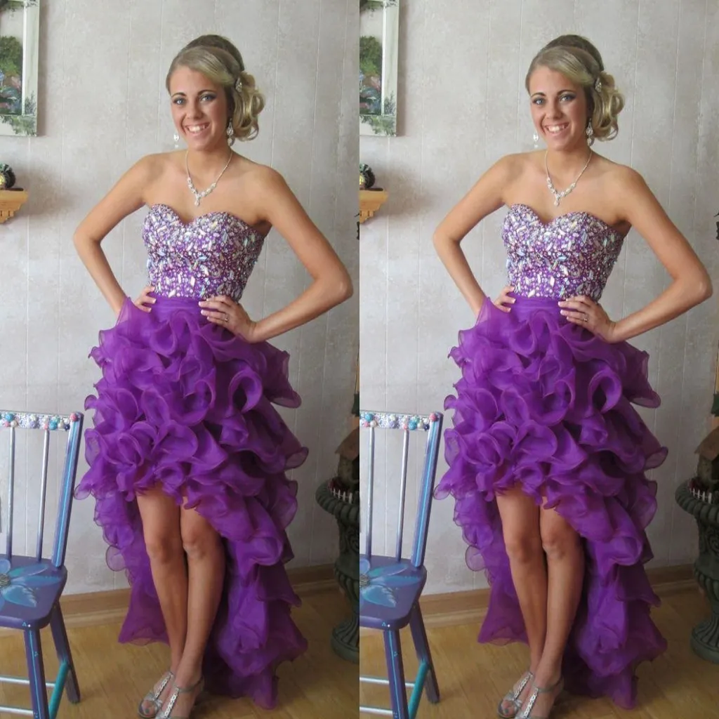 Clientes Purple High Low Tiers Vestidos de baile Crystal Sweetheart Beading Organza Pageant Dress Hot A line Backless Fotos reales de alta calidad