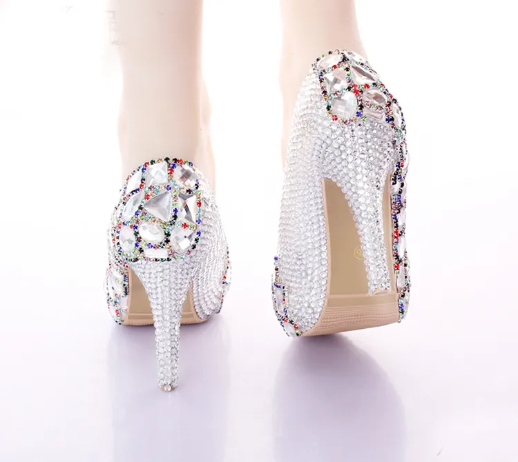 Gümüş Renkli Renkli Zincir Rhinestone Düğün Ayakkabı Gösterisi Performansı Yüksek Topuklu Kristal Gelinlik Ayakkabı Balo Pompaları