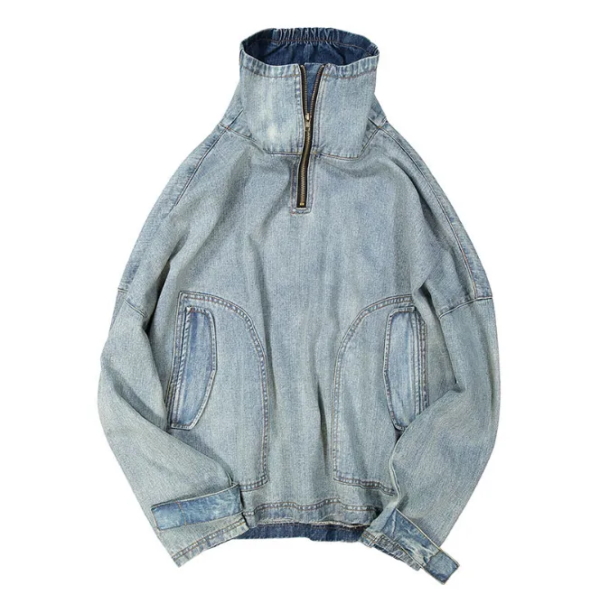 2018 New Men Fashion Jean Coats Turtleneck Oversize Loose Casual Coat Light Blue Vintage Jackets