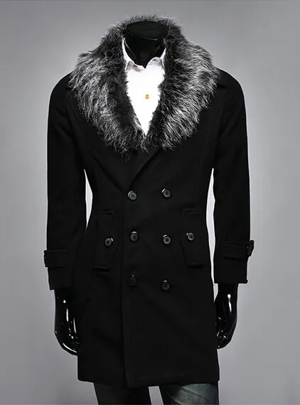 Nowi Mężczyźni Slim Lapel Fur Collar Dwurzędowy Projekt Dorywczo Woolen Pywiń Płaszcz Kurtka Płaszcz Wielkość M-XXL A063